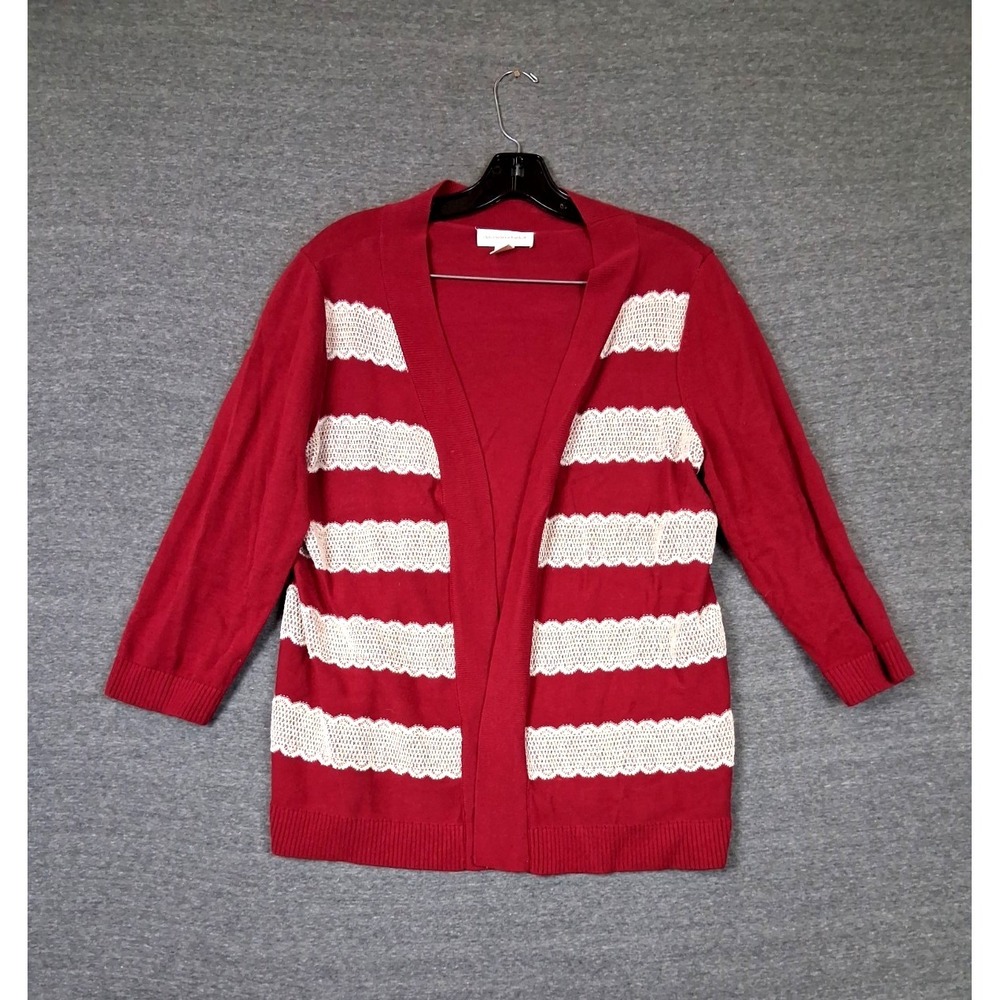 Christopher Banks Womens Sweater M Red White Crochet Stripe Open Whimsy Grandma‎